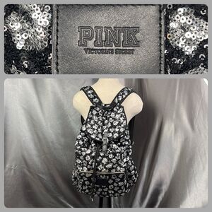 Victoria's Secret PINK Drawstring Silver Sequin Bling Large Backpack Pockets Y2K